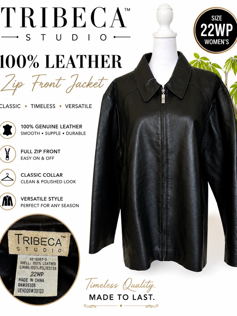Tribeca Studio Women's Black Leather Zip-Front Jacket 22WP